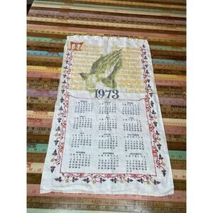 1973 Vintage Tea Towel Calendar Bless Praying Hands Kitchen LINEN Wall Decor